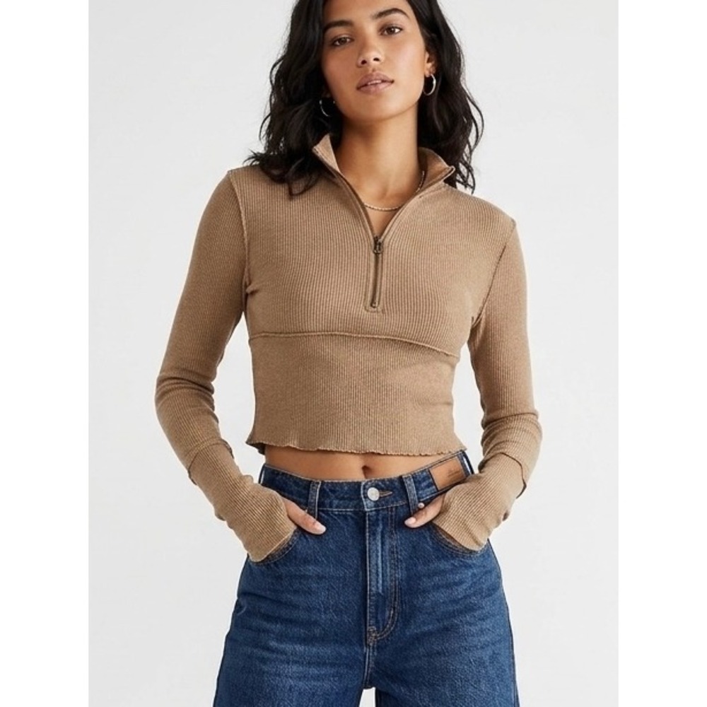 We The Free Free People Tan Ribbed Quarter Zip Crop Top Long Sleeve Large